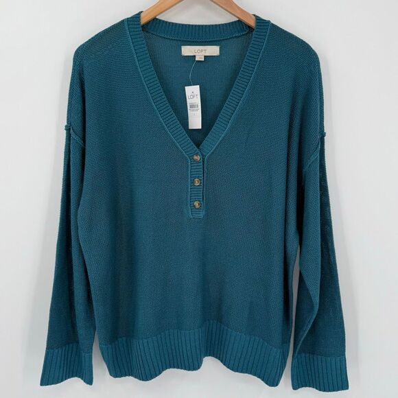 Loft Textured Stitch Henley Sweater Long Sleeve V-Neck Teal Women Large NWT - Picture 1 of 7